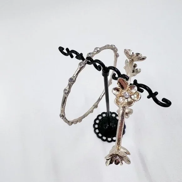 Set of 2 - Shiny Textured Gold Tone Flower & Jeweled Bangle Bracelets - Picture 4 of 7